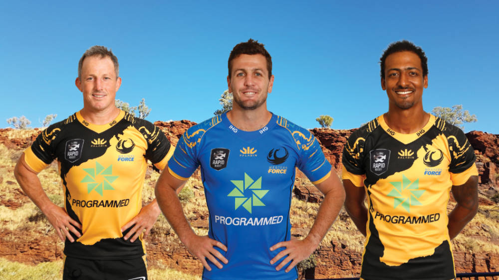 2020 Western Force jersey launch Tessman, Prior, Brache.jpg