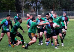 Devonport Bulls skipper Shaun Puke attempts to halt Harlequins Fale Atileo at Rugby Park in Hobart on Saturday