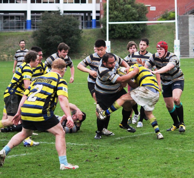 Hobart Lions prop Paulo Saissoa confronts the Launceston defence at Hutchins School in Hobart.