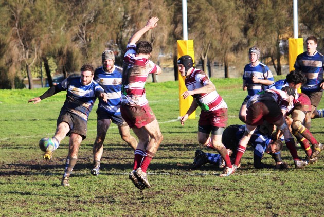 Taroona Penguins scrum-half Andrew Wicks’ clearing kick eludes Eastern Suburbs defenders at Rugby Park in Hobart.