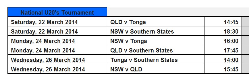 Under 20s tournament 2014 - Fixtures