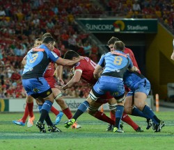 Kieran Longbottom about to make one of his many tackles against the Reds last week