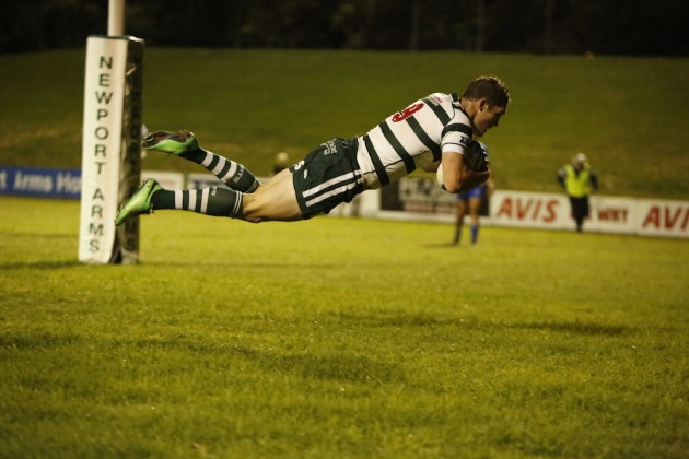 Warringahs Josh Holmes flying in for a try