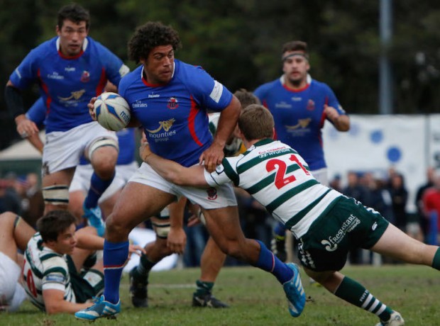 Manly's Mark Swanepoel meets some opposition in Warrginah's Chris ARnold -Karen watson photography