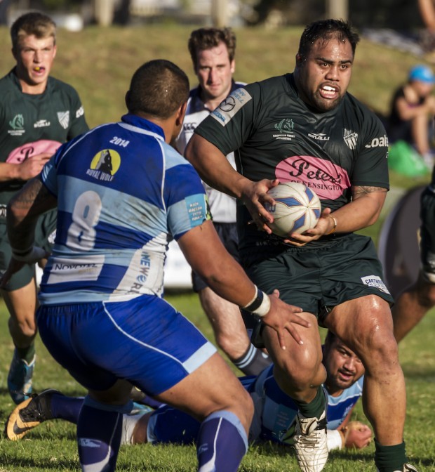 Randwick prop Toa Asa charges at Parramatta number 8 Rodney Ma'a_photo by Pat Dunne