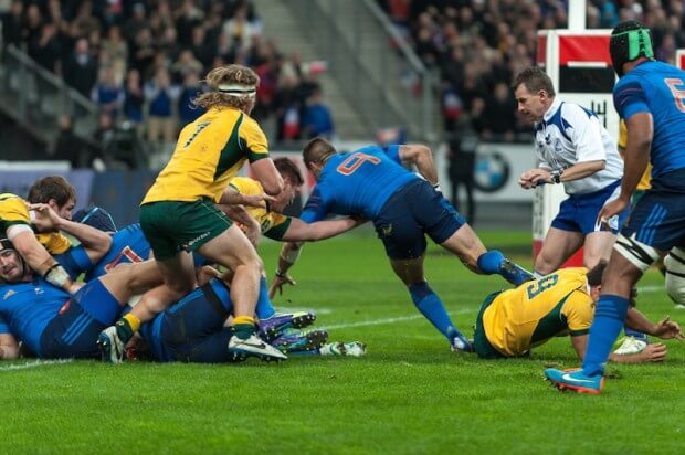 French half back Sebastien Tillous-Borde dives over to score the first French try.