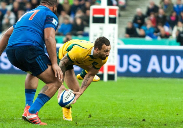 Replacement Quade Cooper miraculously scoops up a pass from his boot laces to prevent Australia coming under immense pressure in their half.