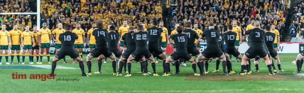 The Wallabies stare down the AllBlacks as they do their traditional haka before the  first Bledisloe Cup match of 2015.