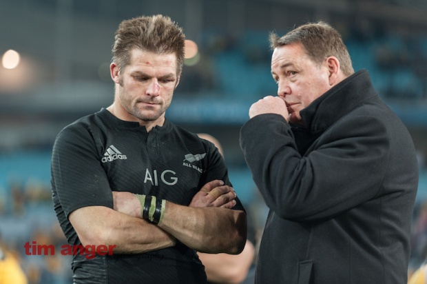 All Blacks' captain Richie McCaw and coach, Steve Hansen, share a quiet moment following the Kiwi's  defeat.