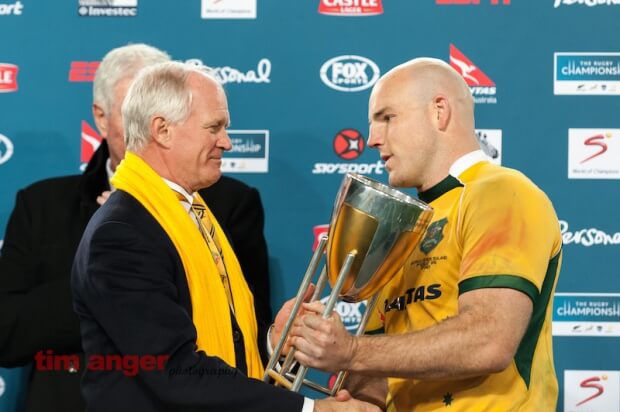 Wallabies' captain, Steven Moore accepts the Rugby Championship trophy.