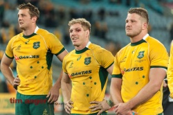 A elated but battered David Pocock looks on as the Rugby Championship cup is presented to Australia.