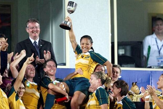 Aussie Sevens legend Cheryl Soon on 7 March, 2009 - the first captain to hold up the Women’s Rugby World Cup Sevens trophy - Photo credit World Rugby Sevens  