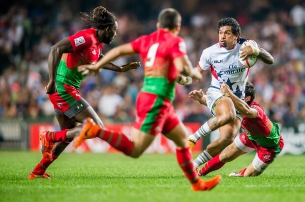 Estevez, left, at a HSBC Wold Rugby Sevens Series match as part of the Cathay Pacific / HSBC Hong Kong Sevens at the Hong Kong Stadium on 08 April 2016 in Hong Kong, China. Photo by Xaume Olleros / Future Project Group