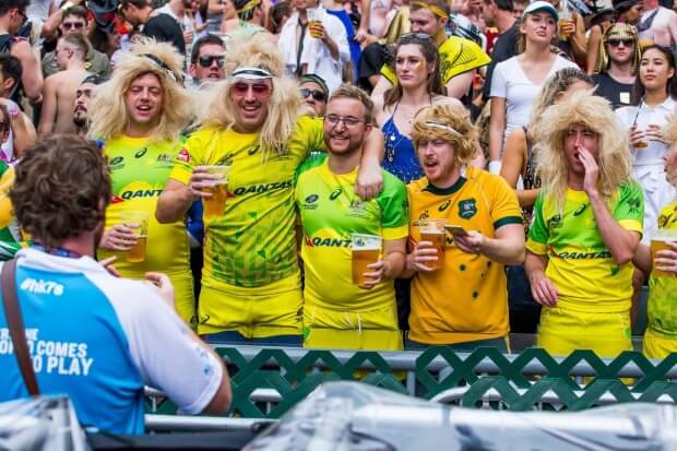 Australian Rugby fans during their HSBC Wold Rugby Sevens Series match as part of the Cathay Pacific / HSBC Hong Kong Sevens at the Hong Kong Stadium on 09 April 2016 in Hong Kong, China. Photo by Andy Jones / Future Project Group
