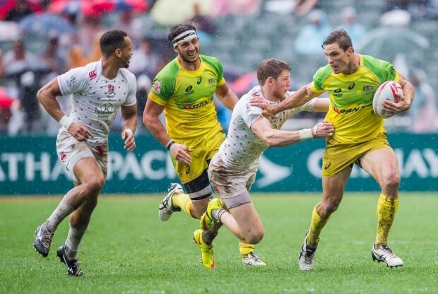 Australia during their HSBC Wold Rugby Sevens Series match as part of the Cathay Pacific / HSBC Hong Kong Sevens at the Hong Kong Stadium on 10 April 2016 in Hong Kong, China. Photo by Mike Pickles / Future Project Group