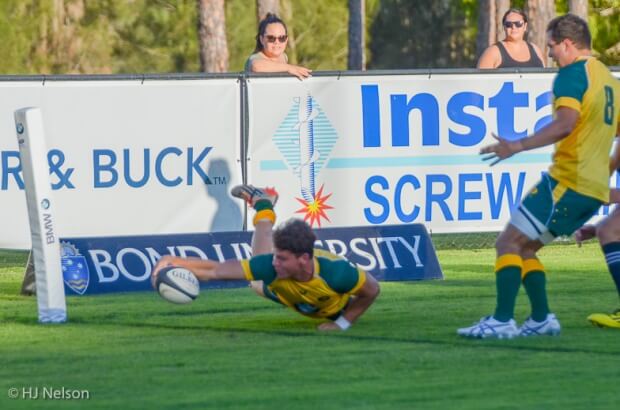 Simon Kennewell scores Australia's first try in the corner