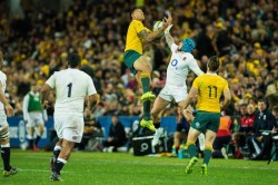 Israel Folau and Jack Nowell compete for a high ball - Photo by Keith McInnes 