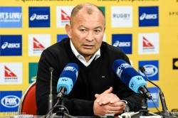 Cranky Eddie Jones at post-match press-conference. Not impressed with Stephen Hoiles' question