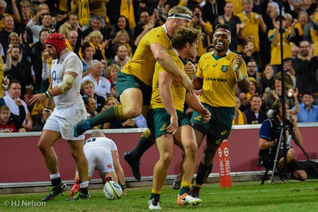 David Pocock and Samu Kerevi celebrate Michael Hooper's second try