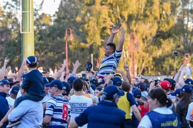 Man-of-the-match Taniela Tupou is held aloft by crowd during post-match celebrations
