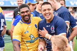 Moses Sorovi and Duncan Paia'aua share a laugh after the game