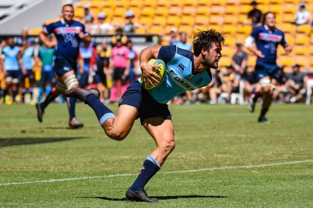 Harry Jones recovers his own kick ahead to score, Waratahs v Rebels