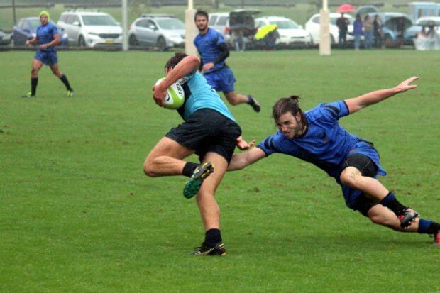 Wingers Ramm (with ball) and Lander meet