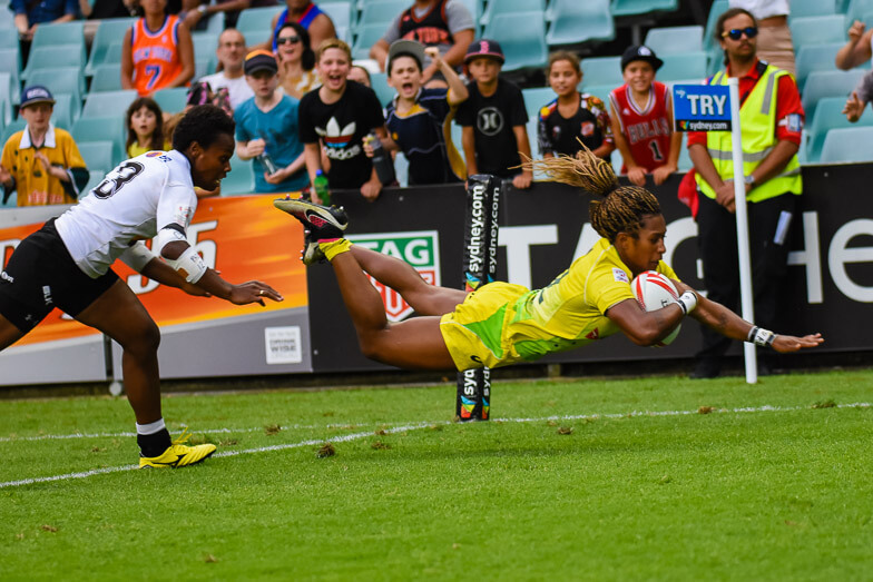 Ellia Green dives over against Fiji for her 3rd try of the day