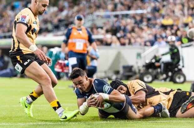 Brumbies flyhalf Wharenui Hawera scores his maiden try for the Brumbies Pic by Tim Anger
