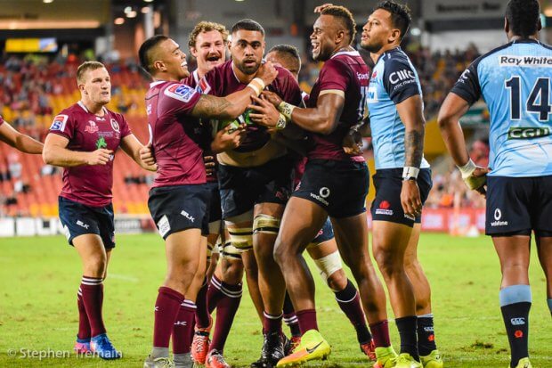 Lukhan Tui is congratulated on his first Super Rugby try