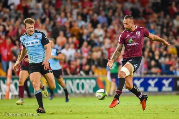 Izaia Perese scores of a Quade Cooper kick through