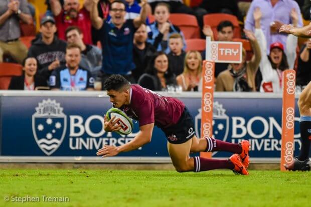 Izaia Perese scores of a Quade Cooper kick through