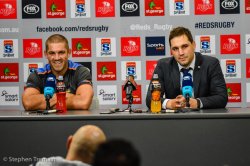 Winners are grinners. Matt Hodgson and Dave Wessels at post-match press-conference