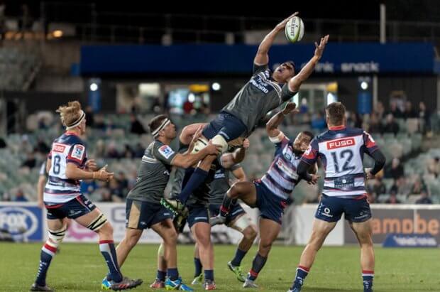 Brumbies' lock, Rory Arnold overbalances as he's lifted to catch the kick off.