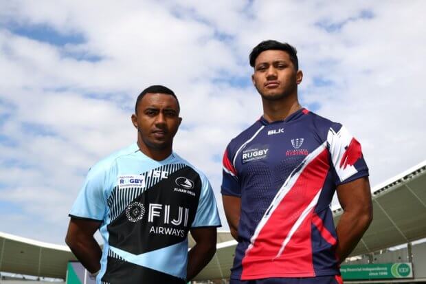 Melbourne Rising player Rob Leota with Fiji Captain Seru Vularika NRC 2017