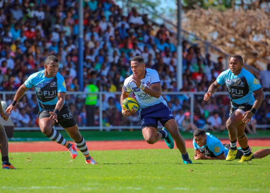 QLD Country's FIlipo Daugunu looks for space against Fiji Drua (Photo Credit: QRU Media - Brendan Hertel)