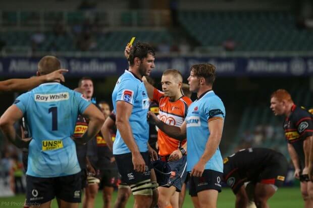 Rob Simmons gets his first yellow card for the Waratahs.