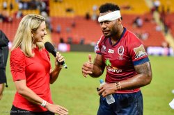 A battered Samu Kerevi can manages a thumbs up