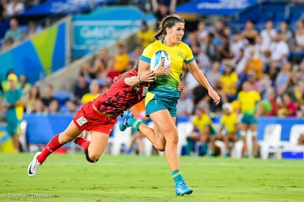 Charlotte Caslick tackled just short of the line, Australia v Wales