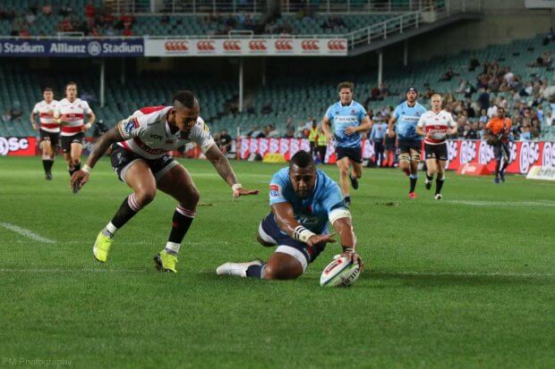 Taqele Naiyaravoro touches the ball down in his own in goal.