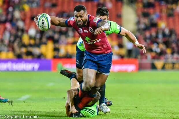 Samu Kerevi is tackled short of the line, but offloads for Hamish Stewart to score