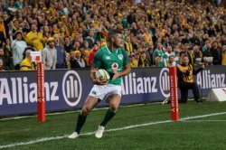 Rob Kearney stepping into touch in goal after fielding a kick.