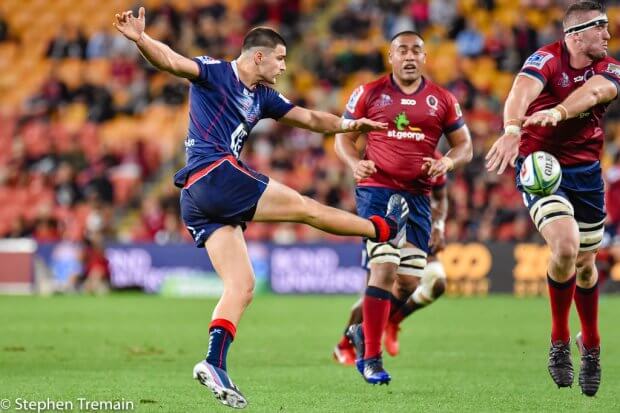 Izack Rodda scores off a chargedown of a kick from Jack Maddocks.