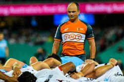 Jaco Peyper watches scrum Waratahs & Crusaders 2019 (Credit Keith McInnes)