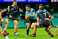 Adam Coleman, Matt Gibbon and Richard Hardwick line up Bernard Foley Waratahs v Rebels 2019 (Credit Keith McInnes)