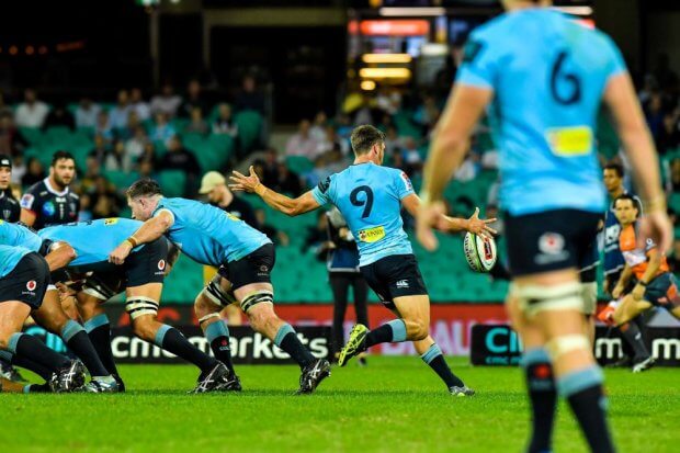 Jake Gordon box kicks from scrum Waratahs v Rebels 2019 (Credit Keith McInnes)