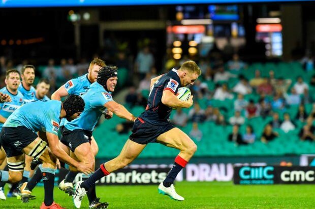 Reece Hodge through the gap Waratahs v Rebels 2019 (Credit Keith McInnes)