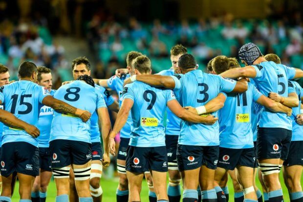 Waratahs huddle v Rebels 2019 (Credit Keith McInnes)