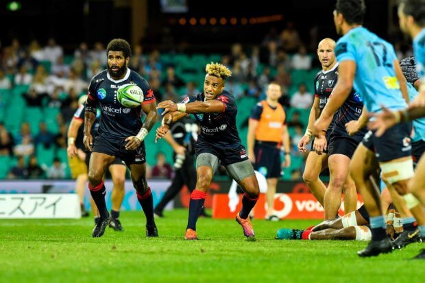 Will Genia superman fingers Waratahs v Rebels 2019 (Credit Keith McInnes)