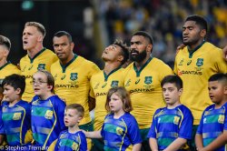 Reece Hodge, Kurtley Beale ,Will Genia  , Marika Koroibete ,Isi Naisarani during national anthem